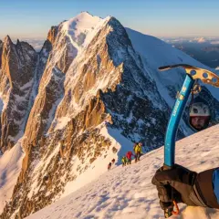 Wspinaczka na korona europy szczyty. Grupa alpinistów na ośnieżonym stoku, w tle majestatyczne góry.