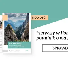 Pierwszy w Polsce poradnik o via ferratach. Zdjęcie przedstawia spektakularną via ferratę w górach.