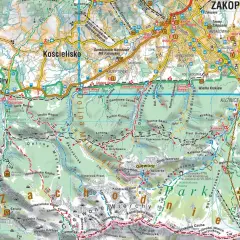 Mapa Tatr Zachodnich z zaznaczonymi szlakami, dolinami i szczytami. Idealna na wyjazd w góry, pokazuje m.in. Zakopane, Kasprowy Wierch i Giewont.