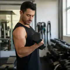 Mężczyzna wykonuje ćwiczenia na biceps z hantlem w siłowni. W tle stojaki z ciężarami.