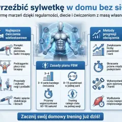 Ilustracja pokazuje zasady ćwiczeń ogólnorozwojowych w domu: fundamenty treningu, ćwiczenia wielostawowe, zasady FBW, metody progresji i harmonogram.