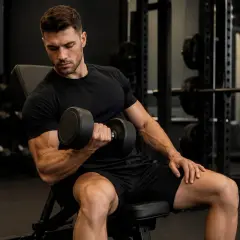 Mężczyzna wykonuje trening oporowy w domu, ćwicząc biceps z hantlem. W tle widać sprzęt do ćwiczeń.