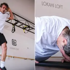 Mężczyzna wykonuje ćwiczenie burpee. Pokazuje to, jak wygląda burpee, od pozycji stojącej do podporu przodem.