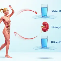 Anatomia człowieka z widocznymi organami wewnętrznymi, ilustrująca proces filtracji nerek i usuwania wody, zapobiegając retencji wody.