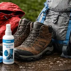 DWR – co to? Spray do impregnacji odzieży i obuwia turystycznego. Czerwona kurtka, brązowe buty trekkingowe i szary plecak na mokrej powierzchni.