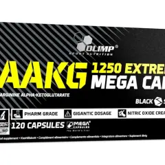 Opakowanie Olimp AAKG 1250 Extreme Mega Caps, suplement diety z L-argininą, wspierający produkcję tlenku azotu (nox).