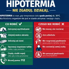 Grafika informuje o hipotermii: co robić (zatrzymaj wychładzanie, zdejmij mokre ubrania, ogrzewaj stopniowo) i czego nie robić (nie masuj, nie rozgrzewaj gwałtownie).