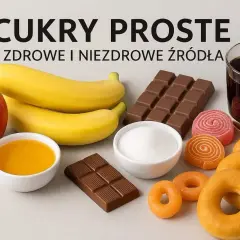 Jabłko, banany, miód, cukier, czekolada, słodycze i napój gazowany – przykłady węglowodanów prostych, zdrowych i niezdrowych.