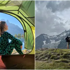 Widok z namiotu na jezioro i góry. Obok dwie osoby z plecakami na tle gór. To inspiracja, co zabrać pod namiot na wyprawę.