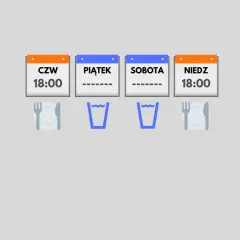 Kalendarz pokazuje czwartek i niedzielę o 18:00 jako dni posiłków. Okna na piątek i sobotę są puste, sugerując post. Autofagia po ilu godzinach?