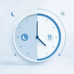 Zegar symbolizujący dietę 8/16. Po lewej stronie symbol nocy i księżyca, po prawej symbol dnia i sztućców.