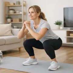 Uśmiechnięta kobieta wykonuje przysiady, ćwicząc cardio w domu. Obok leżą hantle i butelka wody.
