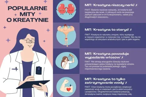 Czy kreatyna jest zdrowa? Grafika obala mity: nie niszczy nerek, nie jest sterydem, nie powoduje łysienia ani tylko zatrzymywania wody.