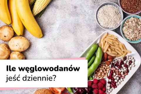 Zdjęcie pokazuje różne źródła węglowodanów: banany, ziemniaki, kukurydzę, makaron, ryż, fasolę, ciecierzycę, płatki owsiane i owoce.
