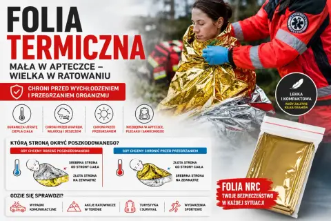 Folia nrc ratuje życie, chroniąc przed wychłodzeniem i przegrzaniem. Niezbędna w apteczce, plecaku i samochodzie.