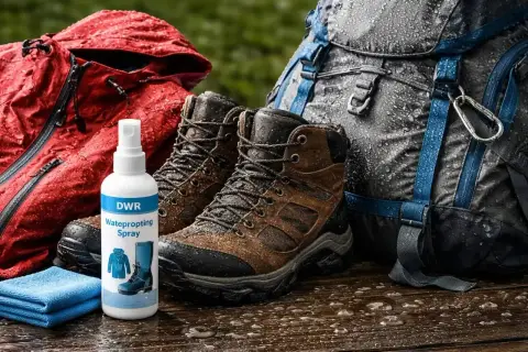 DWR – co to? Spray do impregnacji odzieży i obuwia turystycznego. Czerwona kurtka, brązowe buty trekkingowe i szary plecak na mokrej powierzchni.