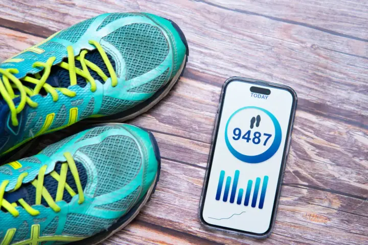 Turkusowe buty do biegania i smartfon pokazujący 9487 kroków dziennie.