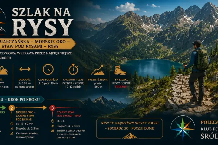 Wędrowiec na szlaku do Rysów, najwyższej góry w Polsce (2499 m n.p.m.), z widokiem na Morskie Oko.