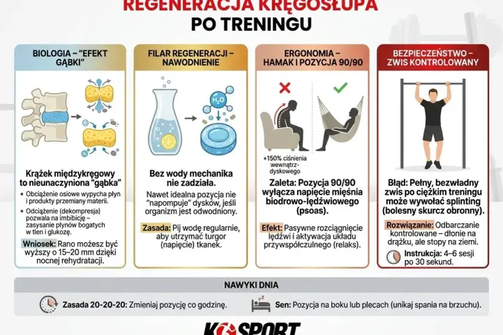 Krążki międzykręgowe jak gąbki potrzebują nawodnienia, by dobrze funkcjonować. Pij wodę regularnie, by utrzymać turgor tkanek.