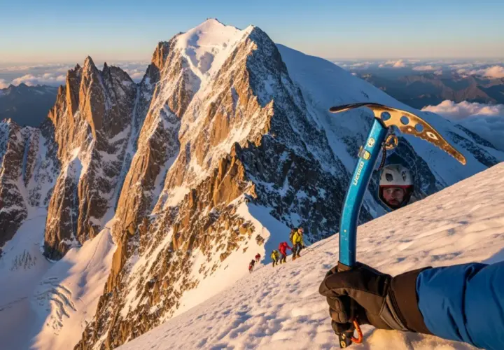 Wspinaczka na korona europy szczyty. Grupa alpinistów na ośnieżonym stoku, w tle majestatyczne góry.