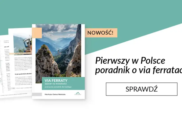 Pierwszy w Polsce poradnik o via ferratach. Zdjęcie przedstawia spektakularną via ferratę w górach.