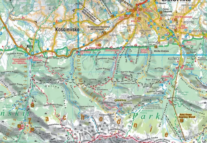 Mapa Tatr Zachodnich z zaznaczonymi szlakami, dolinami i szczytami. Idealna na wyjazd w góry, pokazuje m.in. Zakopane, Kasprowy Wierch i Giewont.