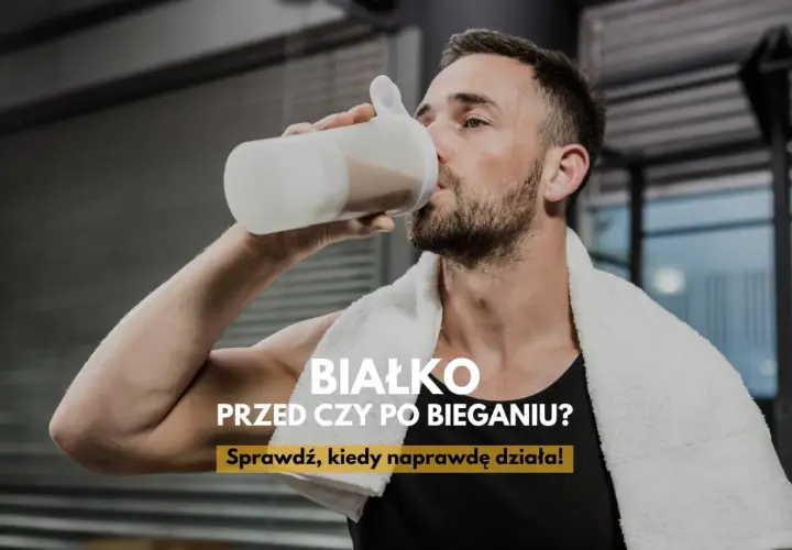 Mężczyzna pije białko z shakera po treningu. Czy białko przed czy po bieganiu jest lepsze? Sprawdź, kiedy naprawdę działa!