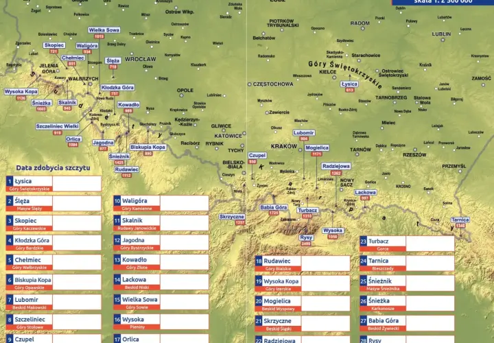 Mapa przedstawia korona gór polski wykaz szczytów z ich wysokościami.