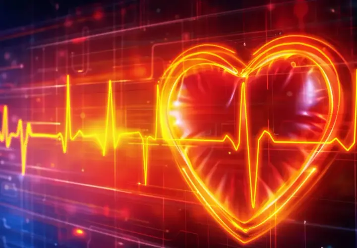 Serce z linią EKG, symbolizujące spokój i to, co obniża tętno. Czerwono-niebieskie tło z cyfrowymi elementami.