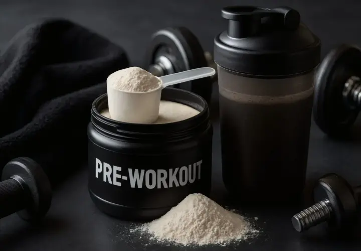 Pojemnik z napisem "PRE-WORKOUT" i miarka proszku. Obok shaker z napojem i hantle. To jest przedtreningówka co to za produkt?