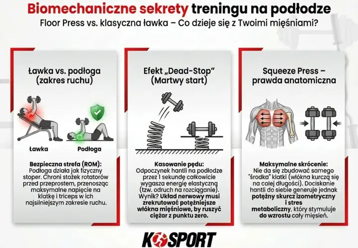 Grafika porównuje ćwiczenia na klatkę piersiową na ławce i na podłodze, pokazując biomechanikę i efekty.