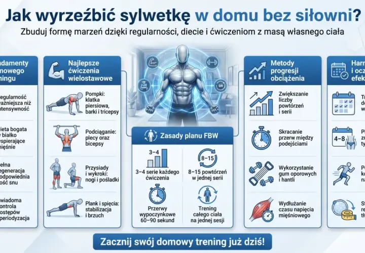 Ilustracja pokazuje zasady ćwiczeń ogólnorozwojowych w domu: fundamenty treningu, ćwiczenia wielostawowe, zasady FBW, metody progresji i harmonogram.