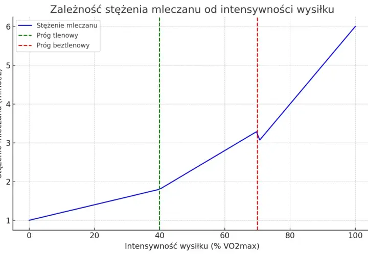 Wykres pokazuje wzrost stężenia mleczanu wraz z intensywnością wysiłku, zaznaczając próg tlenowy i beztlenowy.