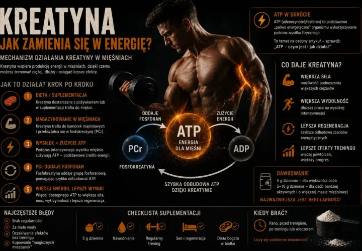 Kreatyna co daje? Większa siła, wydolność i regeneracja. Pomaga w szybkiej odbudowie ATP, co przekłada się na lepsze efekty treningowe.