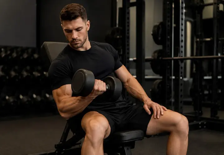 Mężczyzna wykonuje trening oporowy w domu, ćwicząc biceps z hantlem. W tle widać sprzęt do ćwiczeń.