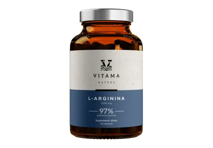 Szklana butelka suplementu diety L-Arginina 1200 mg od Vitama Nature.