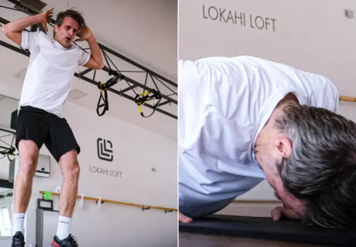 Mężczyzna wykonuje ćwiczenie burpee. Pokazuje to, jak wygląda burpee, od pozycji stojącej do podporu przodem.
