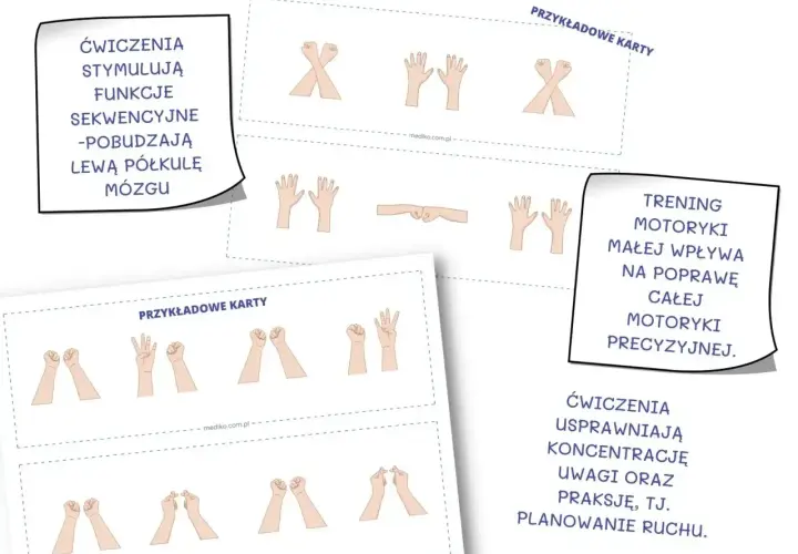 Kiedy najlepiej ćwiczyć? Rysunki dłoni pokazują ćwiczenia usprawniające koncentrację i planowanie ruchu.