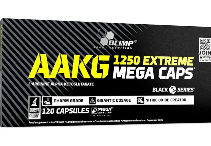 Opakowanie Olimp AAKG 1250 Extreme Mega Caps, suplement diety z L-argininą, wspierający produkcję tlenku azotu (nox).