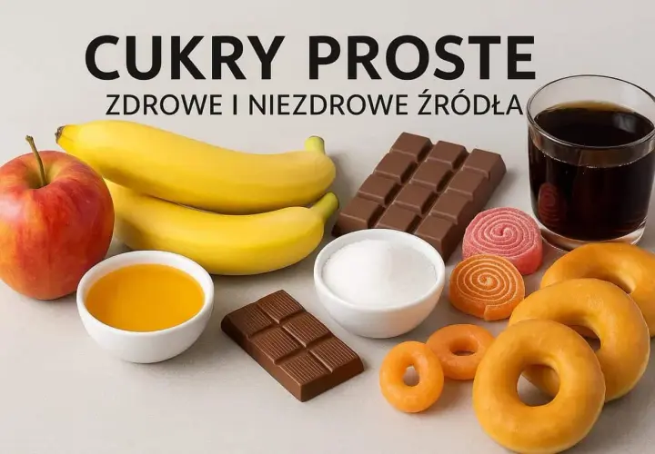 Jabłko, banany, miód, cukier, czekolada, słodycze i napój gazowany – przykłady węglowodanów prostych, zdrowych i niezdrowych.