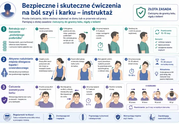 Proste ćwiczenia na kręgosłup szyjny: retrakcja, rozluźnianie mięśni, izometria. Ćwiczymy do granicy bólu, nigdy z bólem!