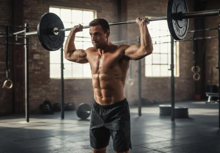 Mężczyzna wykonuje wyciskanie sztangi nad głowę podczas treningu crossfit.