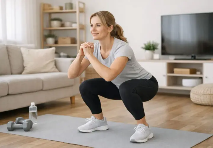 Uśmiechnięta kobieta wykonuje przysiady, ćwicząc cardio w domu. Obok leżą hantle i butelka wody.