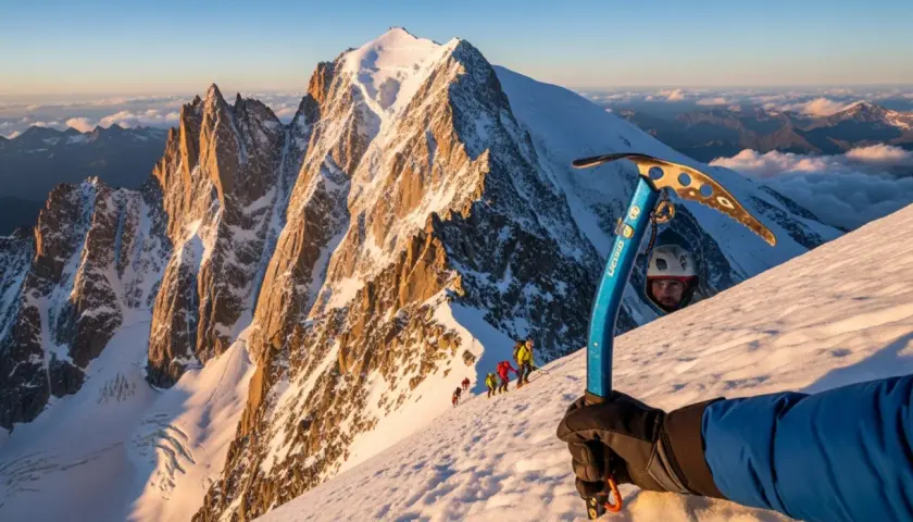 Wspinaczka na korona europy szczyty. Grupa alpinistów na ośnieżonym stoku, w tle majestatyczne góry.