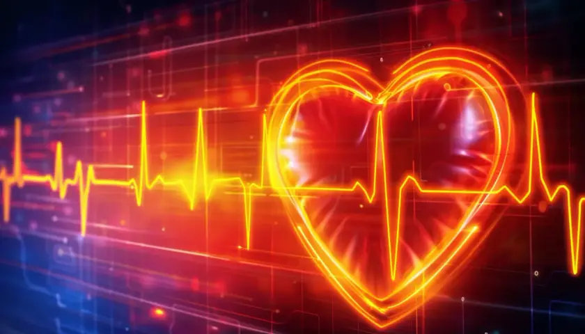 Serce z linią EKG, symbolizujące spokój i to, co obniża tętno. Czerwono-niebieskie tło z cyfrowymi elementami.
