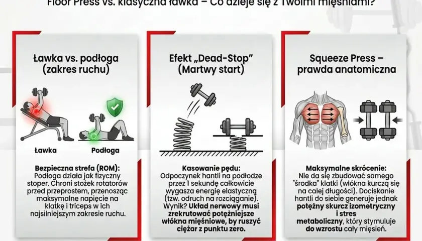 Grafika porównuje ćwiczenia na klatkę piersiową na ławce i na podłodze, pokazując biomechanikę i efekty.