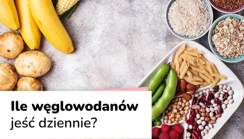 Zdjęcie pokazuje różne źródła węglowodanów: banany, ziemniaki, kukurydzę, makaron, ryż, fasolę, ciecierzycę, płatki owsiane i owoce.