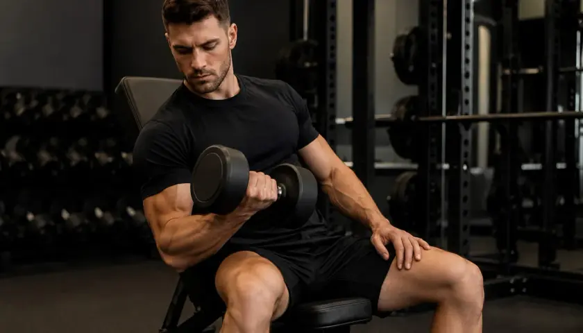 Mężczyzna wykonuje trening oporowy w domu, ćwicząc biceps z hantlem. W tle widać sprzęt do ćwiczeń.