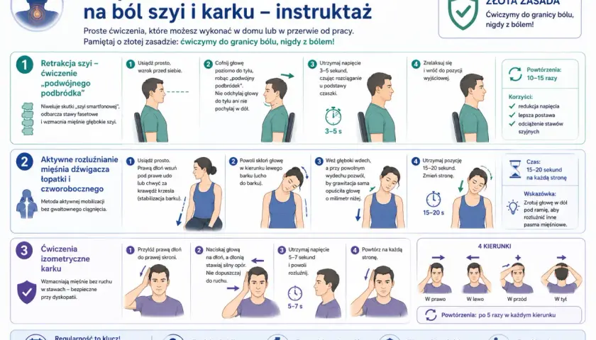 Proste ćwiczenia na kręgosłup szyjny: retrakcja, rozluźnianie mięśni, izometria. Ćwiczymy do granicy bólu, nigdy z bólem!