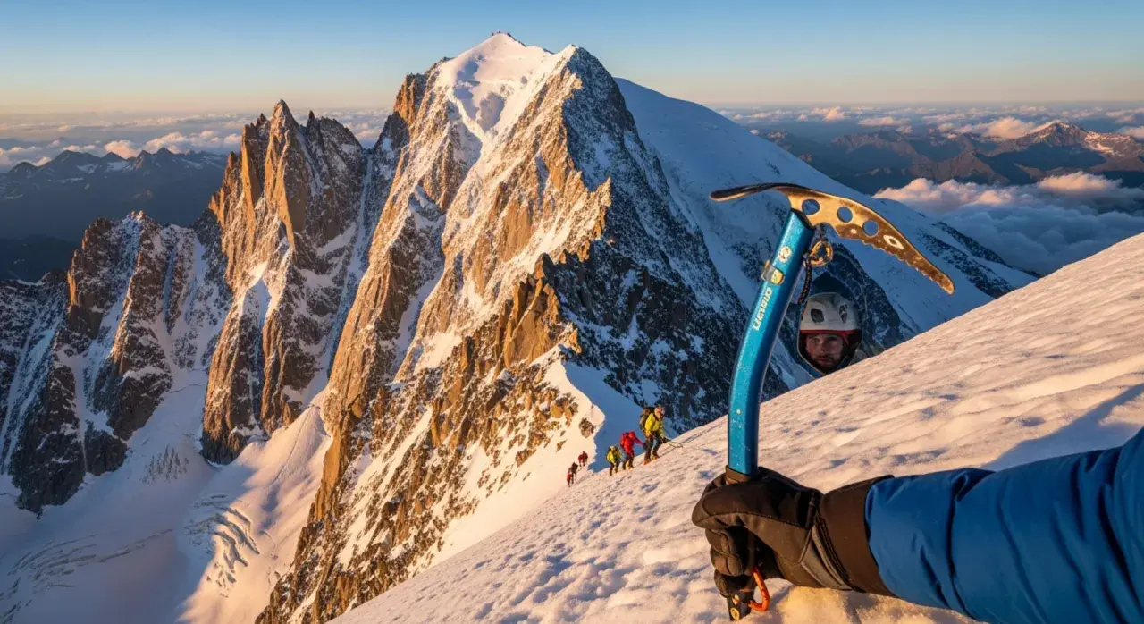 Wspinaczka na korona europy szczyty. Grupa alpinistów na ośnieżonym stoku, w tle majestatyczne góry.